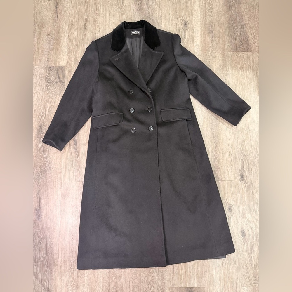 Women's Black Double-Breasted Pea Coat with Velvet Collar